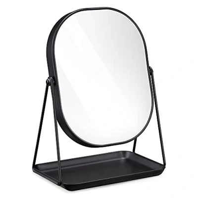 Immagine di Navaris Specchio per Trucco con Portagioielli Specchietto Cosmetico Ovale Make Up 18x22,6cm Girevole 360 Vassoio Portagioie Design Nero