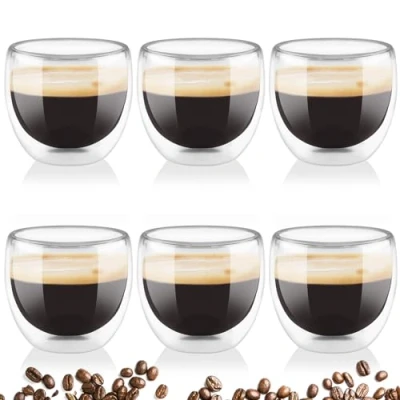 Immagine di Mezzar Tazzine Caffe Vetro, 6 Pezzi Tazza Doppio Vetro 80ml Set, Lavabili Trasparenti Bicchieri per Cappuccino Strato Latte Tè Macchiato Whiskey Caffè (80ML)