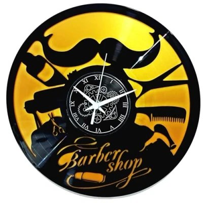 Immagine di Instant Karma Clocks Orologio Da Parete Barber Shop Barbiere Parrucchiere Colore Nero e Oro Doppio Vinile Idea Regalo Salone Bellezza