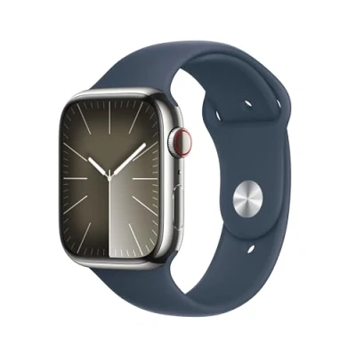 Immagine di Apple Watch Series 9 GPS + Cellular 45mm Smartwatch con cassa in acciaio inossidabile color argento e Cinturino Sport blu tempesta S/M. Fitness tracker, app Livelli O₂, display Retina always on
