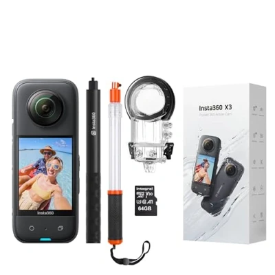 Immagine di Insta360 X3 Action Camera Diver a 360 gradi, include custodia impermeabile da 50 m + bastone invisibile per selfie galleggiante trasparente scheda di memoria Micro SDHC 64 GB