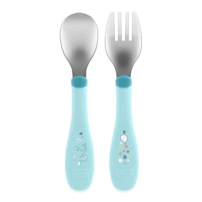 Immagine di Chicco Posatine Inox, Posate Bambini, Set Pappa, Forchetta e Cucchiaio per in Acciaio Inossidabile, Facili da Impugnare, Svezzamento Prima 2 Pezzi, 18M+, Azzurro