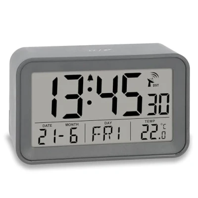 Immagine di ADE Sveglia radio controllata da comodino digitale Con luce Display della temperatura e calendario viaggio compatta Graziosa custodia grigia opaca batteria