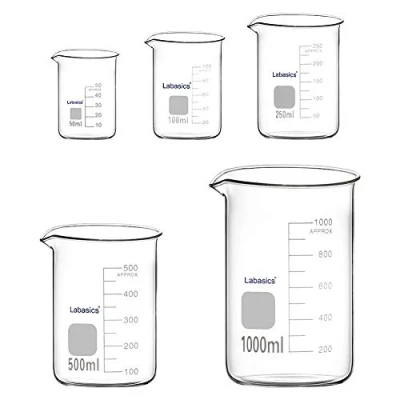 Immagine di Labasics Set di Becher in Vetro per Laboratorio, Borosilicato Griffin Graduati a Forma Bassa 5 Dimensioni, 50ml/100ml/250ml/500ml/500ml/1000ml(1L), Confezione Combinata