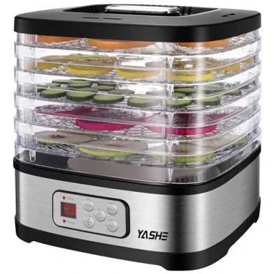 Immagine di YASHE GGJ 261B Essiccatore Alimentare con Display a LED, Controllo della Temperatura da 35 70C e Timer 72 Ore, 5 Vassoi Regolabili in Altezza, Frutta Verdura, 240 Watt, Senza BPA