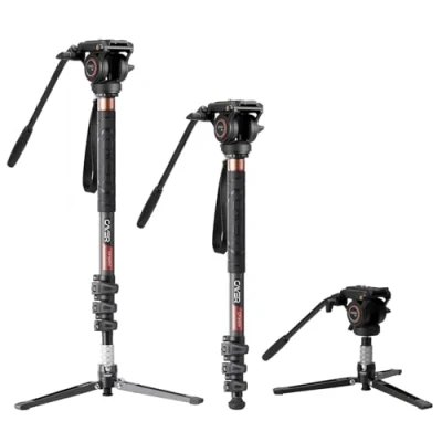 Immagine di Cayer CF34DV Videoproiettore professionale Monopiede 71 &quot;Monopiede per fotocamera telescopica in fibra di carbonio con testa fluida Pan Tilt e base treppiede a 3 gambe videocamere DSLR