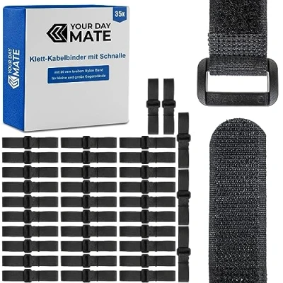 Immagine di Fascette stringicavo in velcro con fibbia, set da 35 pezzi, nero, per cavi nylon, chiusura a velcro, fascetta richiudibile,