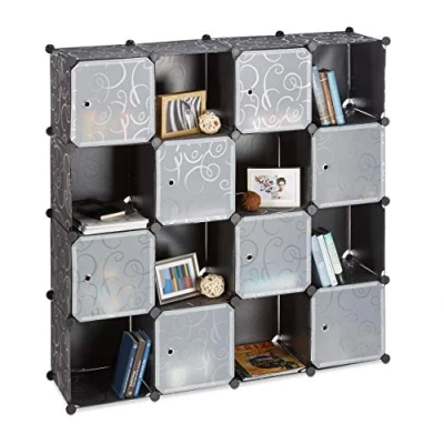 Immagine di Relaxdays Scaffale Componibilie in Plastica, 16 Scomparti, con Ante Sistema a Incastro, 127 x 31,5 cm, Nero