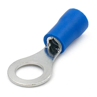 Immagine di Heschen Connettori a crimpare terminali ad anello Connettore elettrico per filo isolato in vinile, RV2 6, dimensioni perno 1/4&quot;, 1,5 2,5 mm² (16 14 AWG), blu, confezione da 100