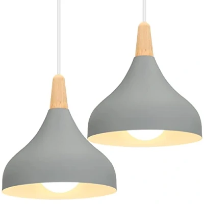 Immagine di iDEGU 2 Pezzi Lampada a Sospensione Retrò LED Soffitto in Legna Metallo Moderna, Forma di Goccia Stile Scandinavo per Soggiorno, Sala Da Pranzo, Camera, 20 cm (# Grigio)