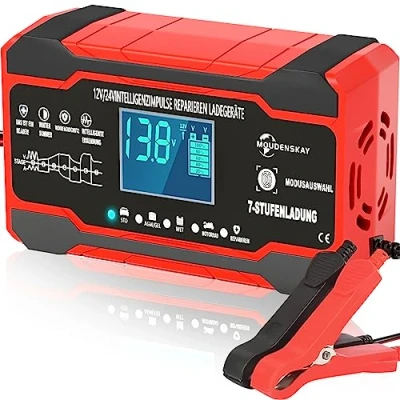 Immagine di MOUDENSKAY Caricabatteria da 10 A, 12V/24V,Caricabatterie automatico per auto con schermo LCD e compensazione della temperatura,modalità di riparazione auto,moto,batterie AGM gel acido piombo ecc