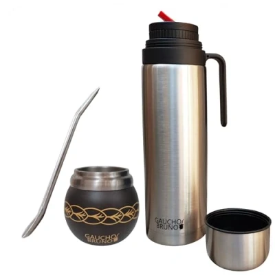 Immagine di Gaucho Bruno Mate in acciaio inossidabile per bere Yerba Mantiene la temperatura della bevanda con Bombilla e thermos da 1 Litro Beccuccio di Precisione pico Cebador