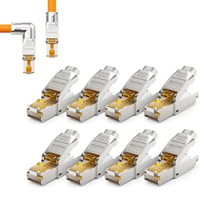Immagine di deleyCON 8x CAT 8 Connettore di Rete a 90 Angolo RJ45 Senza Attrezzi con Schermatura 40 Gbit/s Spina per la Posa Rigidi Cavi Grezzi Ethernet LAN Cavo Patch DSL