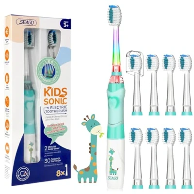 Immagine di Seago Spazzolino Elettrico Bambini dai 3 12 Anni con Timer di Spazzolamento e Lampade a LED Colorate 4 Setole Morbide Testine Idea Regalo per Ragazzi Ragazze SGEK6/SG977 (Verde FR)
