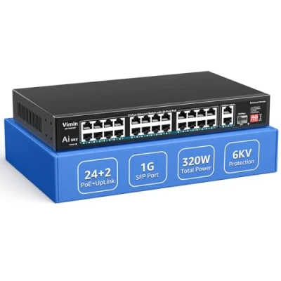 Immagine di Switch PoE a 24 Porte con 2 Gigabit Uplink e 1 SFP, VIMIN di Rete 27 Non Gestito 10/100Mbps PoE, AI Watchdog, VLAN, Estensione 250m, Supporta IEEE802.3af/at