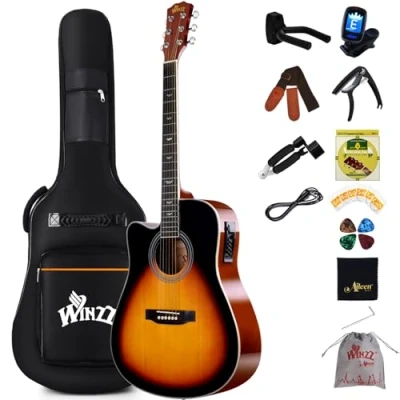 Immagine di Winzz 4/4 Chitarra acustica elettrica, per mancini, principianti, 41 pollici, con equalizzatore a 4 bande (dreadnought, lucida)