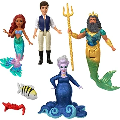 Immagine di Mattel Disney La Sirenetta Set Personaggi Avventura con 4 mini bambole e 2 accessori per ogni personaggio, amici Flounder Sebastian inclusi, giocattolo bambini, 3+ anni, HLX19
