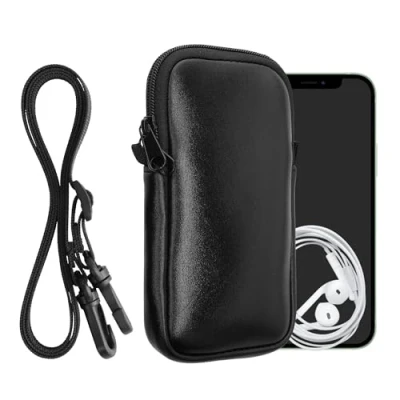 Immagine di kwmobile Custodia in Neoprene con Zip per Smartphone Portacellulare a Tracolla Porta Cellulare da Collo Universale Borsa Cover Telefono nero metallizzato
