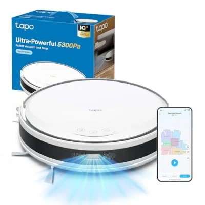 Immagine di Tapo RV20 MAX Bianco Robot Aspirapolvere Lavapavimenti con Mappatura, Aspirazione 5300Pa, Navigazione LiDAR MagSlim, Zone No Go e Muri Virtuali, Design Ultra Compatto 83mm, Controllo APP&amp;Alexa