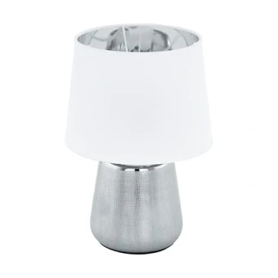 Immagine di EGLO lampada da tavolo Manalba 1, luce comodino in ceramica color argento e paralume tessuto bianco argento, illuminazione soggiorno, camera letto lampadina E14