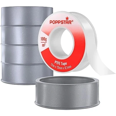 Immagine di POPPSTAR Nastro sigillante per filettature PTFE 100g/m² teflon FRP filetti grossi (tenuta gas e acqua) 12m x 12mm 0,1mm, 5 rotoli