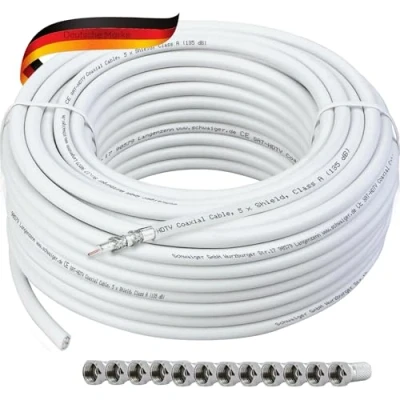 Immagine di SCHWAIGER 9581 cavo coassiale 25m 135dB antenna Sat 75 Ohm TV 5 volte schermato Resistente all&#039;umidità Diametro 8,2mm bianco incl. spina F