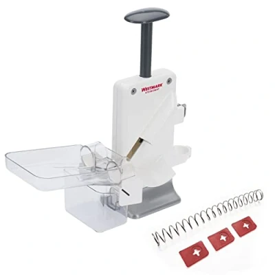 Immagine di Westmark Snocciolatore di Ciliegie e Prugne, Ultra Rapido: 2 alla Volta, Incluso Set Ricambio con 4 Pezzi, Plastica/Acciaio Inox/Alluminio, Steinomat, Bianco/Argento, 406022E6