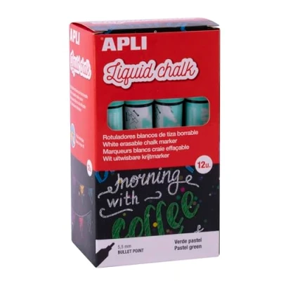 Immagine di APLI Liquid Chalk, Pennarelli a gesso liquido, cancellabili, punta rotonda da 5,5 mm, colore verde pastello, 12 pezzi