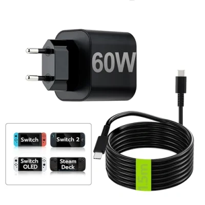 Immagine di Tolesum Caricatore per Nintendo Switch/Switch 2, 60W Alimentatore Switch con Cavo avo di ricarica USB C Rapida 1,5 m 2 Console/Switch Lite/Switch OLED/Switch Deck Dock/Controller