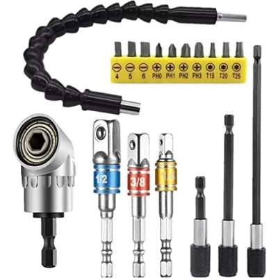 Immagine di HUTHUHNHN Set di 3 punte per trapano con codolo flessibile, 1 adattatore avvitatore ad angolo 105 gradi, a batteria (1/4, 3/8, 1/2 in), prolunga angolare flessibile,3/8_pollice