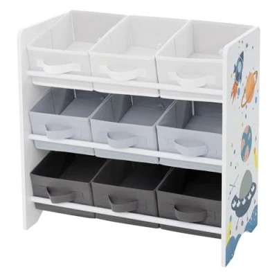 Immagine di Joyz Libreria per Bambini 62,5 x 29,5 60 cm Scaffale con 3 Ripiani Organizzatore Giocatoli 9 Scatole in Tessuto Mobiletto la Stanzina dei Design Tematica Spaziale