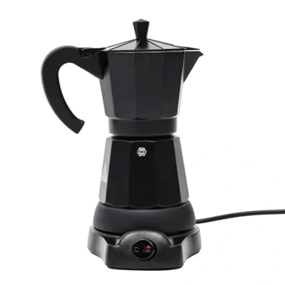 Immagine di HUSPOO macchina da caffè elettrica nera 300 ml, caffettiera con base, piccola campeggio, a stampa, per 4 6 tazze moka,