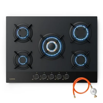 Immagine di KLARSTEIN Goldflame Nano Piano Cottura a Gas, 5 Bruciatori in Ottone, 70 cm, Vetro Nano, 10,4 kW, Bruciatore Wok, Accensione Automatica &amp; Protezione Fiamma, Convertibile GN/GPL, Manopole Metallo