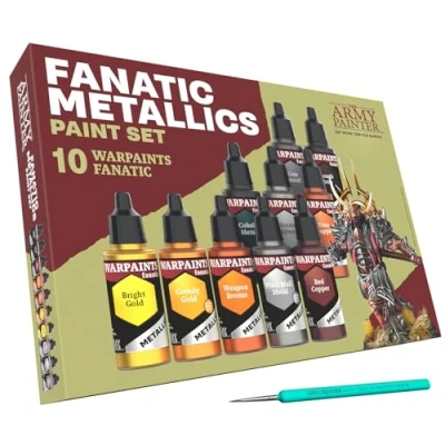 Immagine di The Army Painter Warpaints Fanatic: Metallics Miniature Paint Set Combo, 10 Vernici Acriliche Metallizzate da 18ml incl. Oro, Rame, Metallo, Bronzo, Argento e 1 Pennello per Base