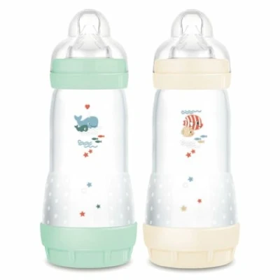 Immagine di MAM Confezione da 2 Biberon Easy Start Anti Colica 4+ mesi a flusso rapido (2 x 320 ml) Menta + Cotone per ridurre le coliche e il disagio del bambino bambini compatibile con
