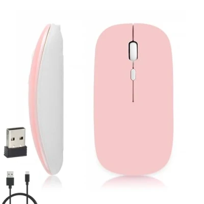 Immagine di iSTYLE Mouse Senza Fili Ricaricabile, Bluetooth e 2.4GHz con Mini Ricevitore USB, 1600 DPI Tracciamento Ottico, Silenzioso per Mac, PC, iPad, Laptop, Tablet (Rosa)