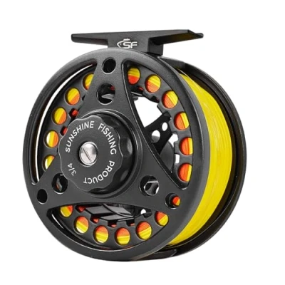 Immagine di SF Grande Arbor Fly Fishing Reel 3/4wt corpo in lega di alluminio pressofuso nero opaco pre caricato mulinello con lenza combo fluorescente giallo Line