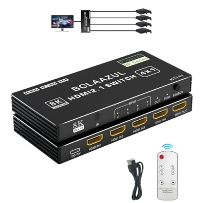 Immagine di Switch HDMI 2.1 8K 4K 120Hz 4 ingressi 1 uscita, BolAAzuL 8K@60Hz Selettore switcher splitter porte 2K 144Hz, 4x1 HDR, 48Gbps, CEC per Xbox Series X PS5