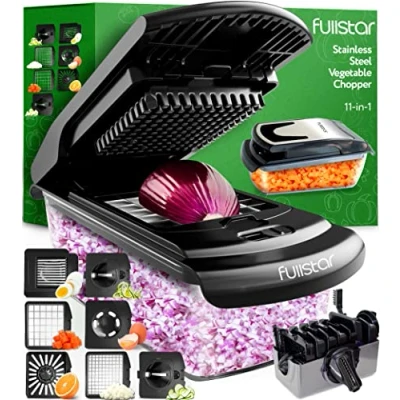 Immagine di Taglia Verdure Affetta Manuale Spiralizzatore di Multifunzione Tritatutto Affettatrice Tagliaverdure Frutta Cipolla Patate Cubetti Julienne (7 in 1 Acier Inox Nero)
