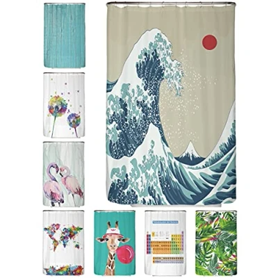 Immagine di arteneur® Tenda da doccia antimuffa, 120 x 180 cm, materiale riciclato Öko Tex Standard 100, orlo zavorrato, non trasparente, impermeabile, lavabile, con 8 anelli ed e book, motivo: onda giapponese