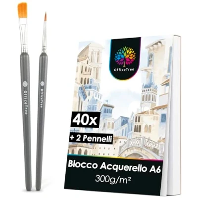 Immagine di OfficeTree 40x Carta Acquerello A6 300g con 2x Pennelli per Acquerelli un Lato Liscio e uno Ruvido Watercolor Paper Album Blocco