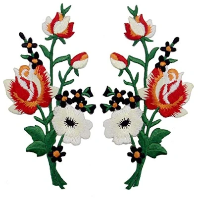 Immagine di Toppa ricamata da applicare con ferro stiro o cucitura, tema: Bouquet di fiori Boho, rosso bianco
