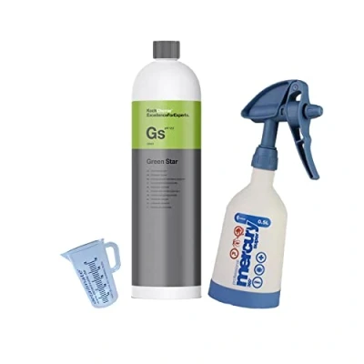 Immagine di detailmate Set di pulizia in Koch Chemie Green Star, detergente universale da 1 l, misurino 50 ml e Mercury Super PRO+ 360 gradi Viton blu 0,5 litri