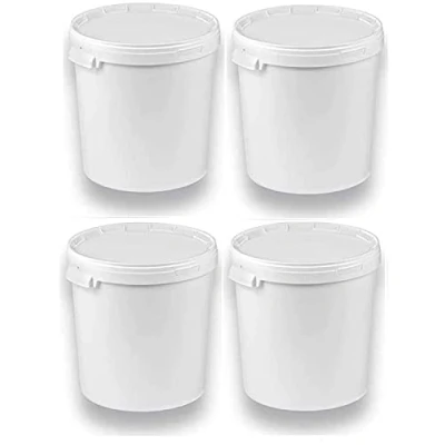 Immagine di Silplast 4 secchi da 30 litri con coperchio bianco, pezzi, impilabili per latte/scorta, secchio in plastica alimenti farina, acqua