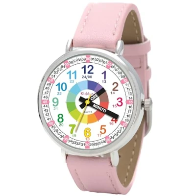 Immagine di Kiddus Orologio Educativo Analogico per Bambini Didattico, da Polso Bambina, Facilità di Lettura dell’Ora, Adatto a Bimba 5 10 Anni, Primo con Ore e Minuti. Pelle PU Rosa