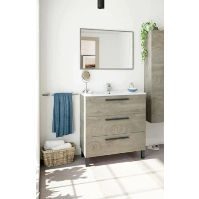 Immagine di Dmora Mobile sottolavabo con Tre Specchio, Colore Marrone, cm 80 x 86 45, Rovere, 3 cassetti