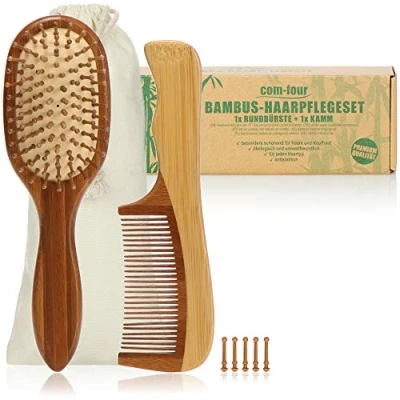 Immagine di com four® Set per la Cura dei Capelli Premium con 2 Pezzi Spazzola e Pettine Lo Styling in Legno di bambù (2 Parti + Pennello)