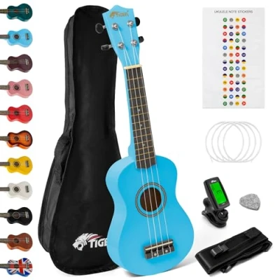 Immagine di TIGER UKEKIT BL Pacchetto Ukulele per principianti, soprano, accordatore, tracolla, adesivi, corde di ricambio e plettro in feltro Blu