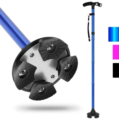 Immagine di Cane pieghevole con luce a LED per gli anziani, canna piedi regolabile l&#039;equilibrio, bastone anziani maniglia cuscino T e base quad pivotante