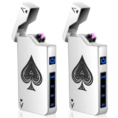 Immagine di 2 accendini elettronici USB, accendino elettrico con doppio arco a LED, indicatore di batteria, antivento, al plasma pulsante (argento)
